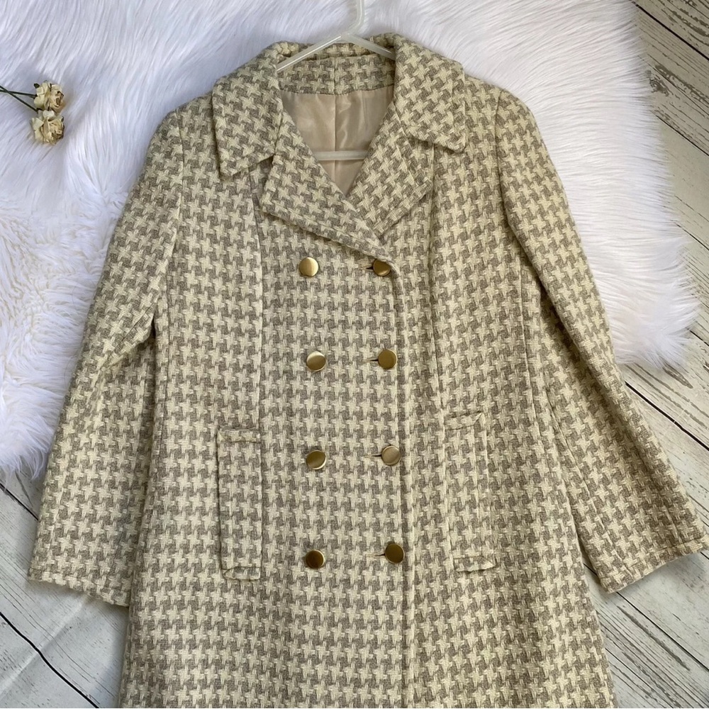 Vintage JR Bazaar Houndstooth Wool Coat Double Breasted Womans Medium 60s - Picture 8 of 10